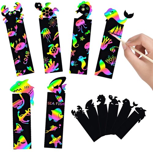 MEIVINES 60PCS 6Style Scratch Paper Art Bookmarks Magic Scratch Rainbow Bookmarks Making Kit DIY Bookmarks Bulk with Scratching Tools Ribbons for Party Favors Activities