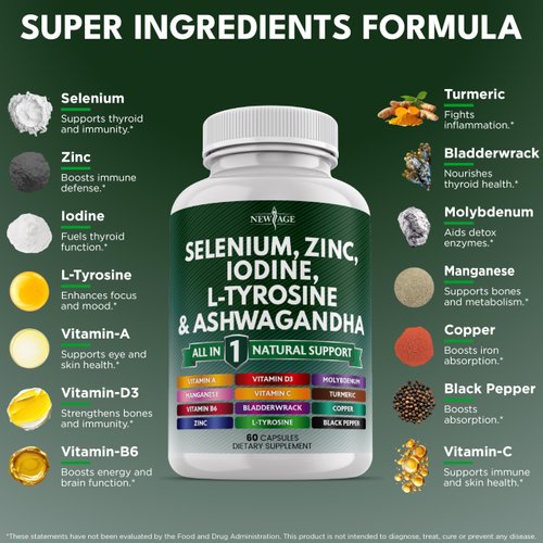 Selenium, Zinc, Iodine, L Tyrosine, Ashwagandha - Thyroid Support Supplement for Women and Men with Bladderwrack, Turmeric, Silica Kelp, Schisandra - 60 Count