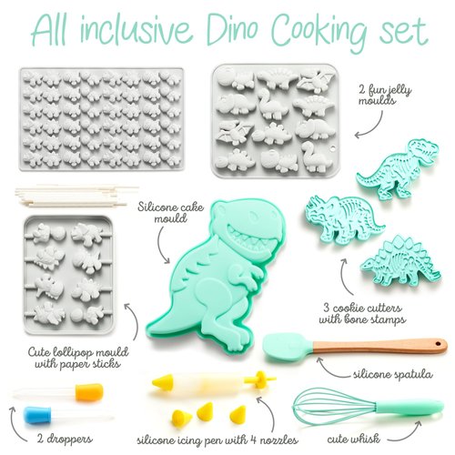 GET FRESH Dinosaur Baking Cooking Tool Set for Kids – 12-PCS Dino Silicone Bakeware Moulds for Kids Baking Candy Jelly Gummy Making and 3 Dinosaur Fossil Cookie Cutter Stampers – Dino Cake Candy Molds