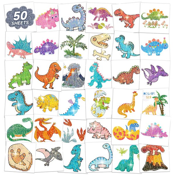 EMOEM Dinosaur Tattoos for Boys Individually Wrapped, 50 PCS Glitter Temporary Tattoo Sticker Kids, Dinosaur Birthday Party Decorations Supplies Favors Goodie Bag Stuffers