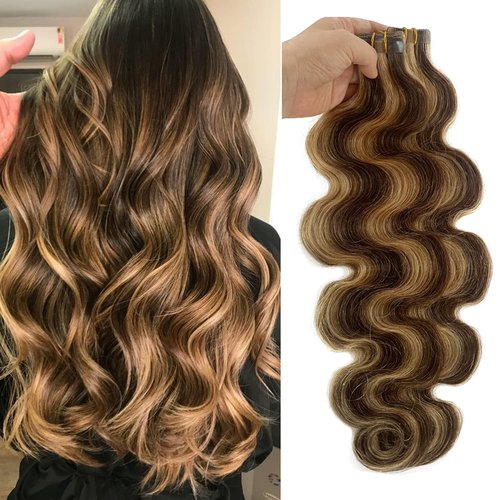 Long Tape in Hair Extensions Soft Silky 24" #4/27 Medium Brown with Strawberry Highlighted Balayage Remy Human Hair 70g 20Pcs/Pack Body Wavy Seamless Skin Weft Glue in Extensions