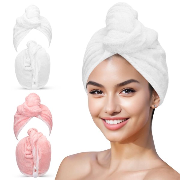 BABYSHEEP Microfiber Hair Towel Wrap for Women - Super Soft Hair Wrap Towels - Fast Drying Turbans for Long, Thick,Curly Hair (Pink+White)