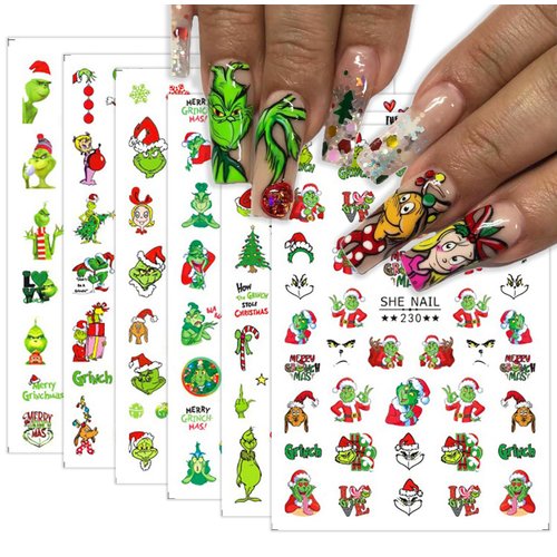 Christmas Nail Art Stickers Funny Cartoon Grinchs Design 3D Self-Adhesive Nail Decals Xmas Tree S...