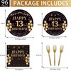 EMrups 96PCS 13th Birthday Party Plates Set Black and Gold Theme Decorations Include Black Gold Plates and Napkins Forks for 13 Year Old Boys Girls Birthday Party Supplies Serves 24 Guests