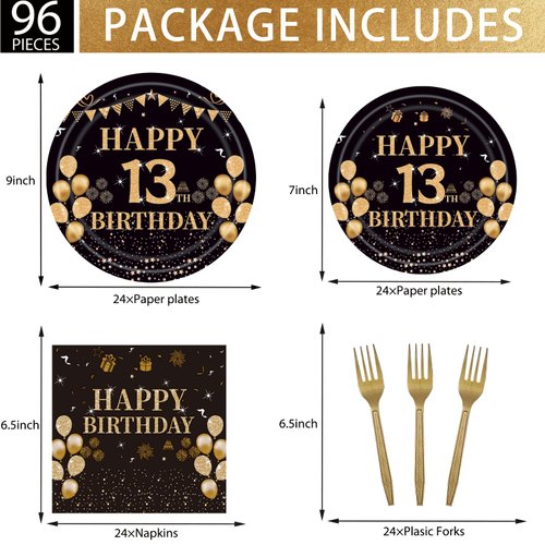 EMrups 96PCS 13th Birthday Party Plates Set Black and Gold Theme Decorations Include Black Gold Plates and Napkins Forks for 13 Year Old Boys Girls Birthday Party Supplies Serves 24 Guests