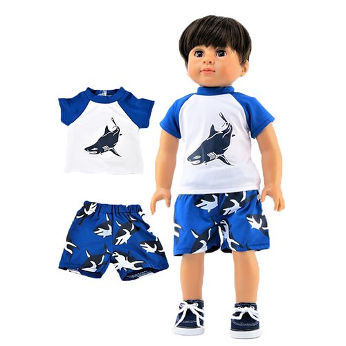 American Fashion World Shark Rash Guard and Swim Trunks Bathing Suit for 18-Inch Dolls | Accessories Included | Dolls Clothes | Outfit Fashions for Dolls for Popular Brands