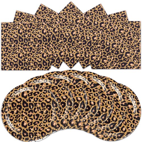 40pcs leopard print Party Supplies， Jungle Safari Animal Print Paper Plates and Napkins for Birthday Party, Baby Shower Zoo Disposable Tableware