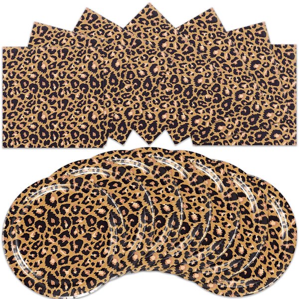 40pcs leopard print Party Supplies， Jungle Safari Animal Print Paper Plates and Napkins for Birthday Party, Baby Shower Zoo Disposable Tableware