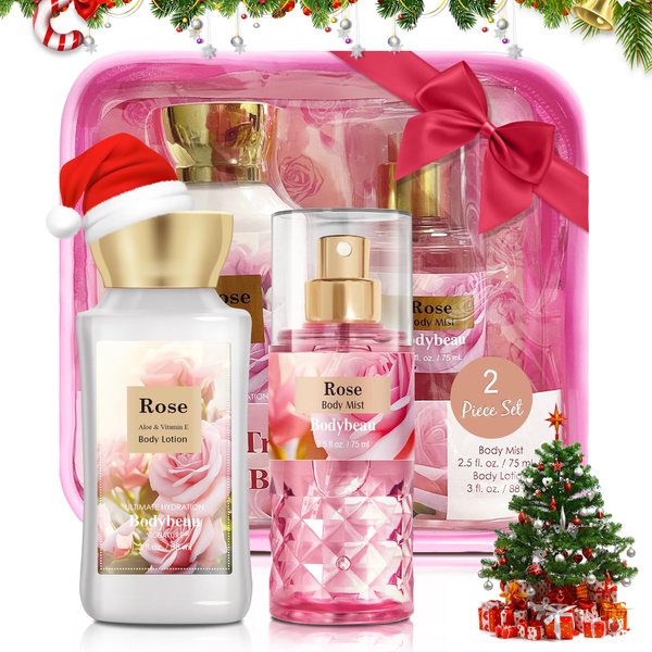 Bath and Body Gift Set for Women & Girls, Rose 2PCS Set for - Body Lotion, Body Mist, Personal Portable Body Care Travel Set for Birthday Christmas New Year Gifts for Her and Him