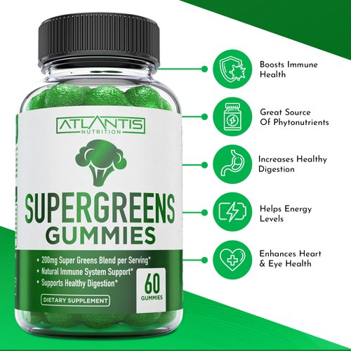 Supergreens Gummies - Daily Green Superfoods Supplement with Spinach, Broccoli, Moringa, Beet Root, Celery, Green Tea, & Acai for Immunity Support - Natural Raspberry Flavor, 60 Supergreen Gummies