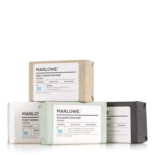 MARLOWE. Soap Discovery Gift Set, Mens Skin Care Variety Selection of Exfoliating Body Scrub, Charcoal, Moisturizing & Polishing Body Bar Soaps for Men, 4 Pack