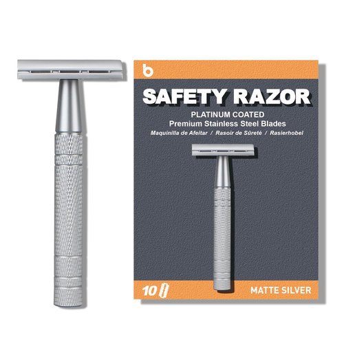 Single Blade Razors for Men, Reusable Safety Razor for Women, Double Edge Safety Razor for Men, Face Razors for Men Shaving, with 10 Safety Razor Blades,One Blade Razor, No Plastic, Matte Silver