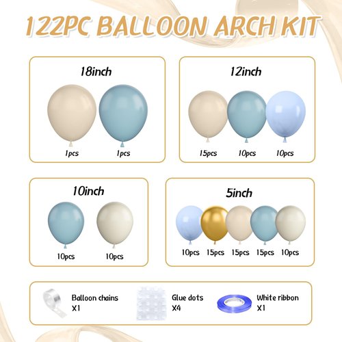 Dusty Blue Balloon Arch Kit,122Pcs Light Blue Sand White Metallic Gold Matte Balloons for Kids Boy Baby Shower Decorations Wedding Graduation Bridal Engagement Birthday Party Supplies