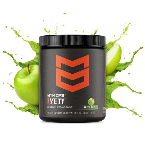 MTN OPS Yeti Pre-Workout Powder Energy Drink with Creatine, 200mg Caffeine & BCAAs with Beta Alanine, 30-Serving Tub, Green Apple