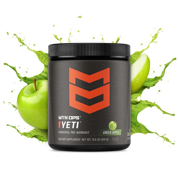 MTN OPS Yeti Pre-Workout Powder Energy Drink with Creatine, 200mg Caffeine & BCAAs with Beta Alanine, 30-Serving Tub, Green Apple