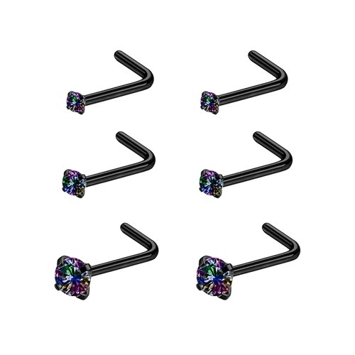 6ixGosh 46pcs 20g Nose Rings Studs Surgical Steel Nose Rings CZ L Shaped Corkscrew Nose Ring Studs for Women Men Small Cute Silver Rose Gold Black Nose Rings Stud 1.5mm 2mm 2.5mm 3mm Nostril