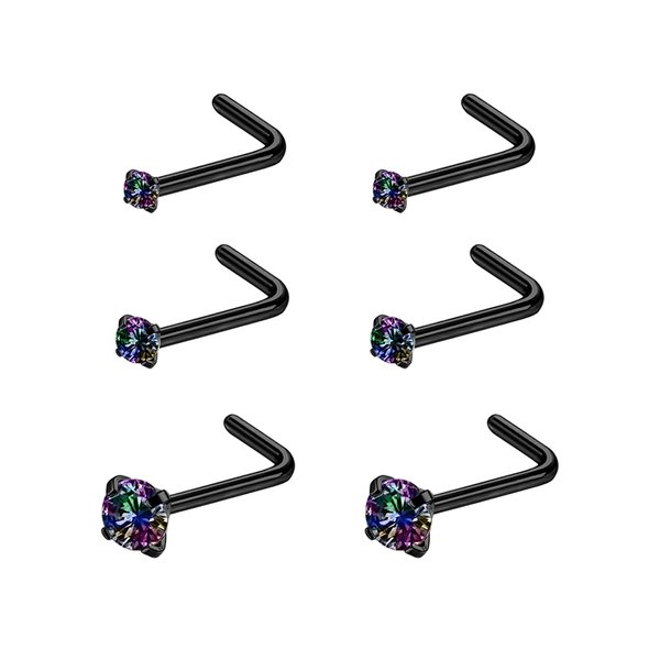 6ixGosh 46pcs 20g Nose Rings Studs Surgical Steel Nose Rings CZ L Shaped Corkscrew Nose Ring Studs for Women Men Small Cute Silver Rose Gold Black Nose Rings Stud 1.5mm 2mm 2.5mm 3mm Nostril