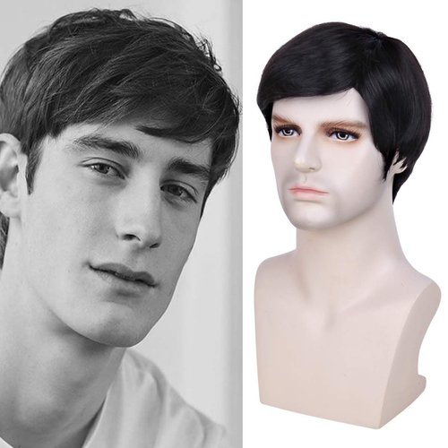 QUEENTAS Mens Wig Short Human Hair with Bangs Men Male Black Short Wigs for Men (Natural Black#1B)