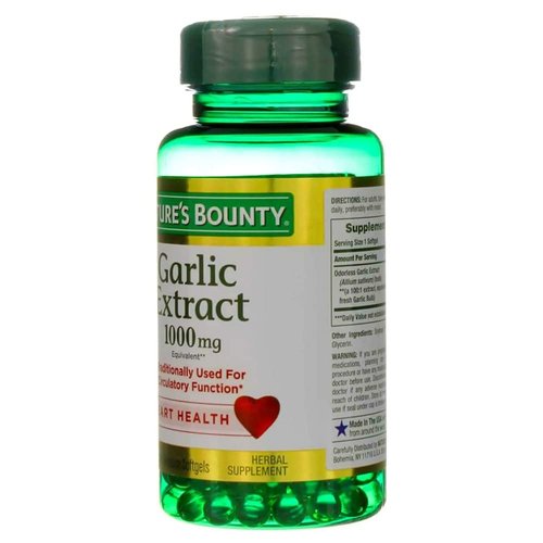 Nature's Bounty Garlic Extract 1000 mg, Promotes Heart Health and Cholesterol Support100 Rapid Release Softgels, contains Soybean oil, gelatin, vegetable glycerin.