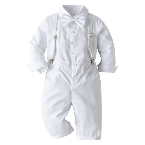 Baptism Christening Outfits for Boys Baby Clothes Sets Toddler Boy Outfit Gentleman Suits 3pcs Striped Bow Tie Shirts Suspenders Pants Birthday Formal Wedding Party Dress Suit # All White 6-12 Months