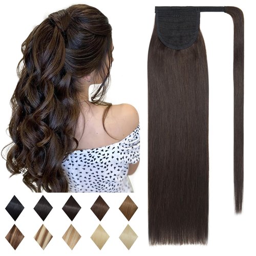 SEGO Ponytail Extension Human Hair Real Human Hair Clip In Wrap Around Long Straight Ponytail With Magic Paste Pony Hairpieces for Women -14 Inch 80g 2 Dark Brown