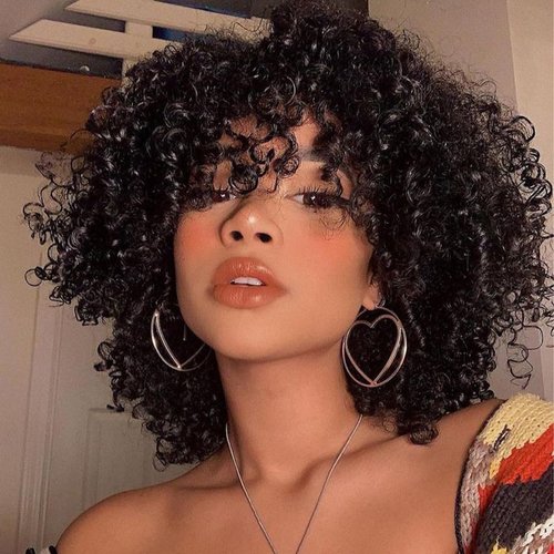 Daiaces Short Black Curly Afro Wigs with Bangs for Black Women, Black Afro Wigs Kinky Curly Full Wigs Synthetic Heat Resistant Wigs For African Women With Wig Cap (Black)
