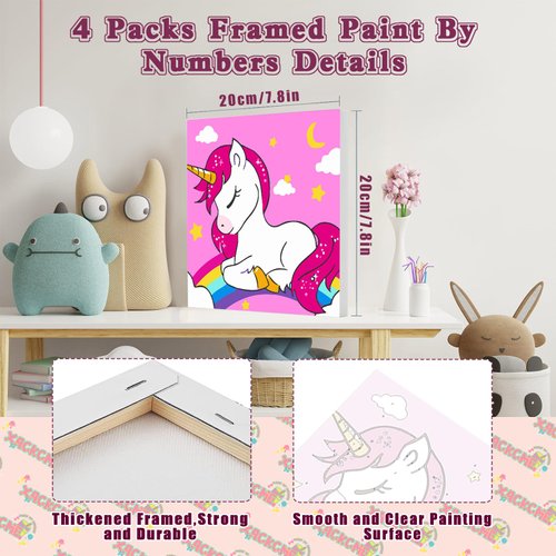 xackcme 4 Pack Cartoon Paint by Number for Kids with Wooden Frame-Cartoon Paint by Numbers for Kids Ages 4-8-12,Easy Paint with Numbers DIY Acrylic Oil Painting Kits for Home Wall Decor(8X8inch)