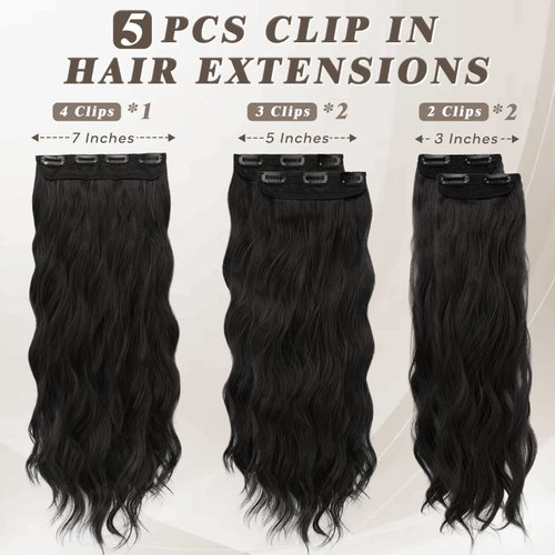 BARSDAR Clip in Hair Extensions, 20 Inch 5PCs Long Wavy Black Hair Extensions Clip in, Thick Soft Synthetic Clip in Hairpieces for Women Girls Daily Party Halloween- Natural Black