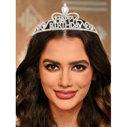 GENBREE Happy Birthday Crown Headband Sparkly Birthday Tiara Princess Party Festival Hair Accessories for Women (Silver, One Size)