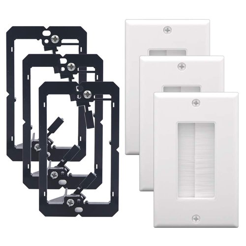 VCE Brush Wall Plate with Mounting Bracket 3-Pack, Cable Pass Through Insert with UL Listed Single Gang Wall Cover for Low Voltage Cables, Cord Hider for Wall Mount TV, Home Theater System, White