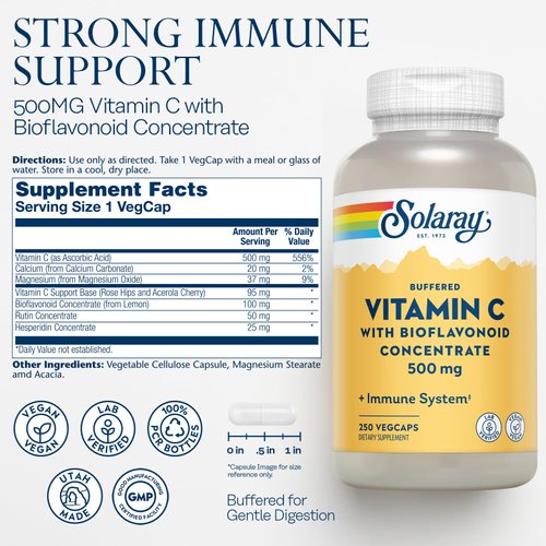 SOLARAY Buffered Vitamin C 500mg - with Bioflavonoids, Rose HIPS and Acerola Cherry - Immune Support Supplement - Easy to Digest, Vegan, Lab Verified, 60-Day Guarantee - 250 Servings, 250 VegCaps