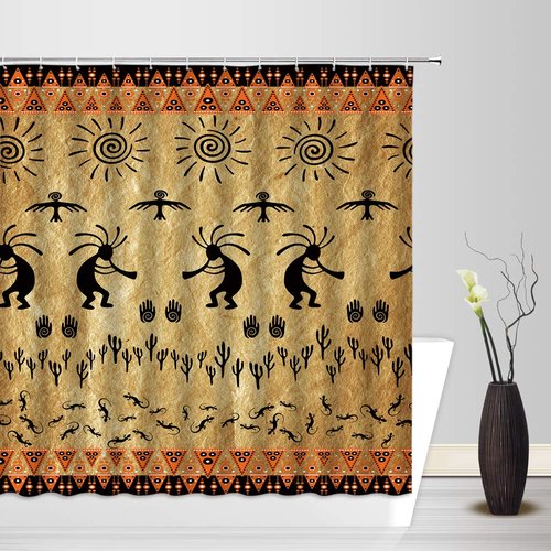 Southwestern Kokopelli Shower Curtain Black Brown Native American Navajo Ethnic Tribal Vintage Geometric Retro Fabric Bathroom Decor Curtain with Hooks