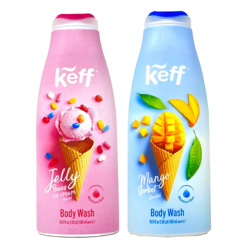 Keff Creamy Dessert Body Wash – Product of Israel, Moisturizing Body Wash with Shea Butter, Vitamin E, and Aloe Vera 16 Ounce (Pack of 2) (Jelly Bean & Mango Sorbet)