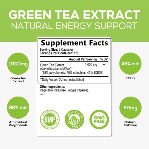 Green Tea Extract Capsules 1000mg 98% Standardized EGCG - 3X Strength for Natural Energy - Heart Support with Polyphenols - Gentle Caffeine - 240 Capsules