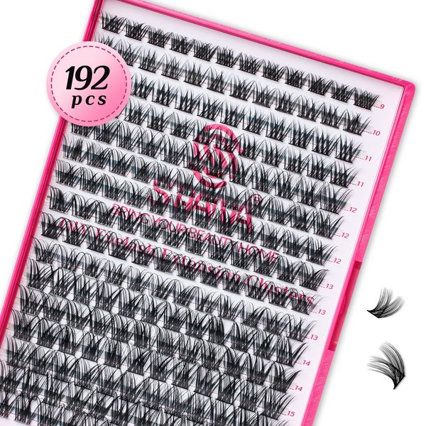Lash Clusters 192PCS Individual Lashes, D Curl Lash Extension Clusters Lashes Wispy Natural Look, DIY Eyelash Clusters Volume Look Like Eyelash Extensions DIY at Home- FOXY, 9-16mm Mixed