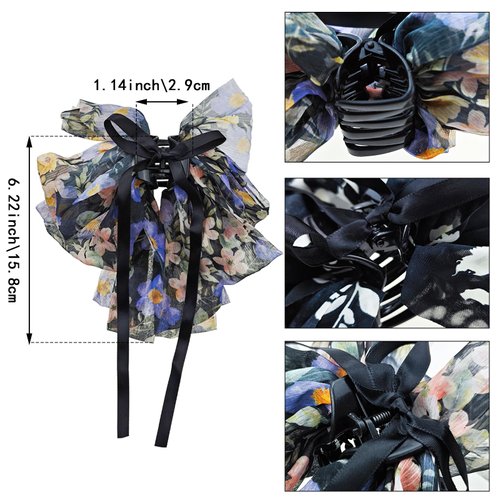 Capiant 2 PACK Big Bowknot Chiffon Hair Claw Clips, Floral Ponytail Clips, French Style Hair Accessories for Women Party Wedding Daily Wear