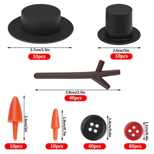 Marrywindix 200 Pieces Christmas Snowman DIY Craft Buttons Kit - 20 Carrot Noses Buttons, 20 Mini Black Magician Hats, 120 Tiny Buttons and 40 Trigeminal Hand for Christmas Party Supplies