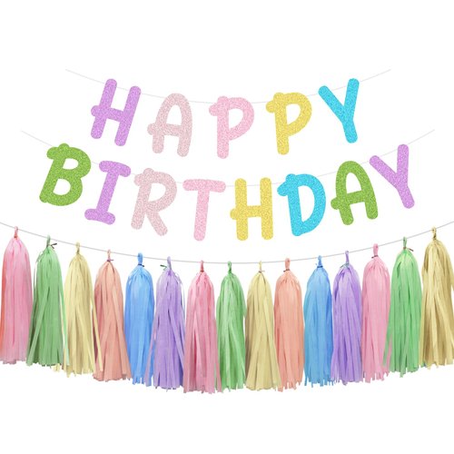 Aonor Macaron Happy Birthday Decorations - Pre-Strung Macaron Happy Birthday Banner and Tassel Garland for Colorful Birthday Party Decorations