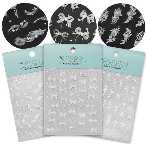 CESTSIREN Ribbon Flower Bow White Nail Art Stickers Embossed Pearl Nail Decals for Nail Art Design Self-Adhesive Nail Accessories for Women Nail Art Supplies 3 Sheets