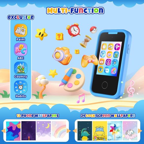 KAKTIN Kids Phone for Boy, Toddler Toy Phone Birthday Gifts Toys for 3 4 5 6 7 8 Years Old Kids Camera Phone with Dual Camera Music Player Puzzle Games