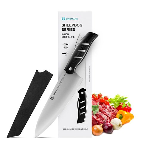 OREMAKE Sheepdog 8 inch Chef Knife, High Carbon Stainless Steel Kitchen Knife with Ergonomic Handle, All-Purpose Sharp Chef's Knife Ideal for meat, fish, vegetables, fruits, and herbs (Black)