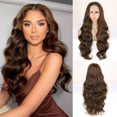 WIGNEE Lace Front Wig Body Wave Brown Wig Long Curly Wigs Dark Brown Synthetic Lace Front Wigs for Black Women Brown Wigs For Women