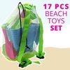 4E's Novelty Beach Toys for Kids with Bag (17 Pcs Set) Castle Beach Bucket with Shovels & Molds - Beach Toys for Kids 3-10, Sand Toys for Toddlers with Mesh Beach Bag Backpack