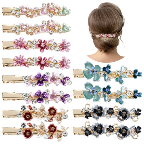 Lawie 12 Pack Colorful Sparkly Glitter Crystal Hair Jewelry Rhinestone Flower Duckbill Hair Clips Metal Alligator Hair Clips Fine Hair Ponytail Holder Decorative Hair Barrettes Accessories for Women
