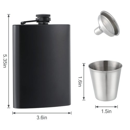 2 pcs Flask for Liquor for Men Matte Black 8 Oz Stainless Steel Leak proof with 2 pcs wine glass 2 pcs Funnel used for Gift,Camping, Outdoor Activitie,Groomsman Bridesmaid Wedding Party