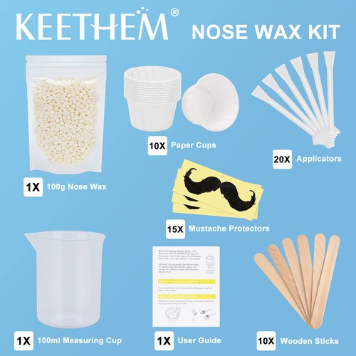 Nose Wax Kit for Men and Women - Instant Hair Removal, 100g Hard Wax, 20 Applicators, 10 Mustache Guards, and 10 Paper Cups - Painless, Safe, 20 times usage count - White Applicators