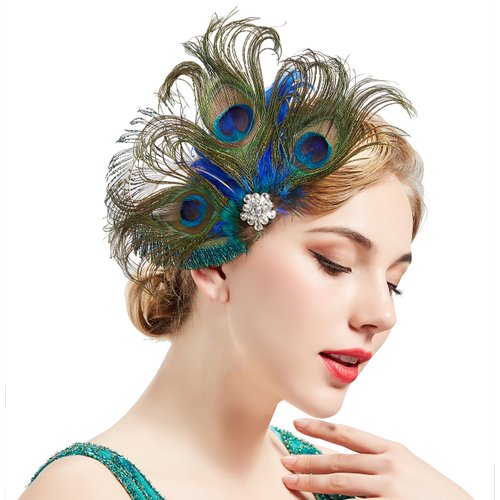 BABEYOND Peacock Feather Hair Clip Peacock Fascinator with Rhinestones Roaring 20s Peacock Flappe...