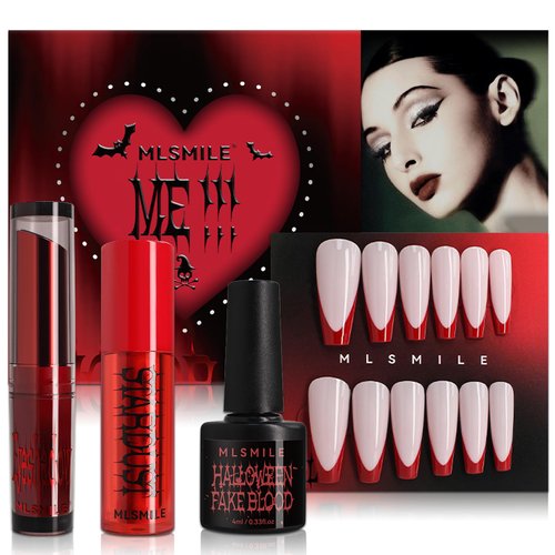 Wugbc Halloween Fake Blood Makeup Kit Black Eyeshadow Grey Blue Lipstick Red French Press On Nails Realistic Vampire Blood for Eyes Mouth Nose Face Teeth Body Zombie SFX Cosplay Dress Up Accessories
