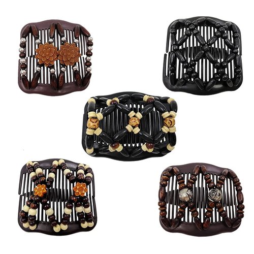 FXQHAN Women Magic Hair Combs Wood Beaded Stretch Double Side Combs Clips Bun Maker Hair Accessories,Pack of 5