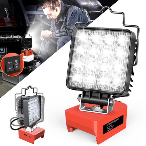 48W LED Work Light for Milwaukee m18 Battery, 4800LM Cordless Work Light with Upgraded Dual Switch for Battery & Low Voltage Protection, Underhood Flood Lights with 2 Charger Port for Camping Workshop